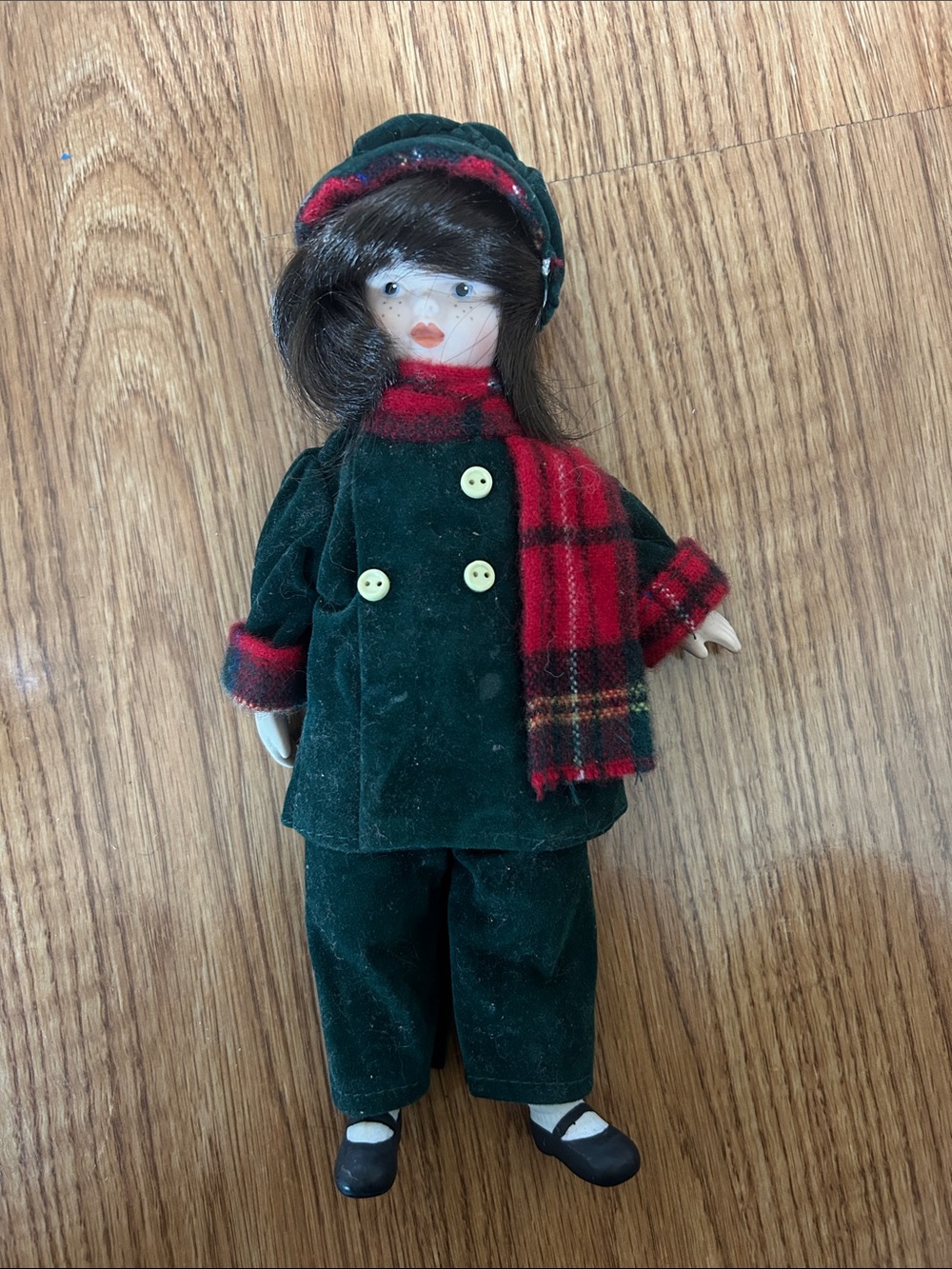 Green Velvet Holiday Doll with Red Plaid Scarf
